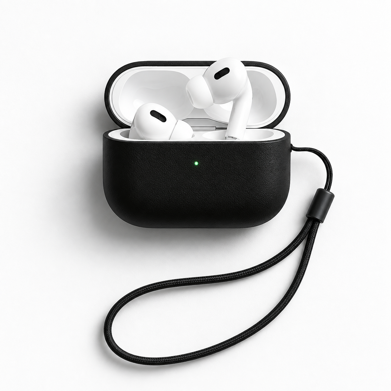White wireless earbuds in a black silicone case cover