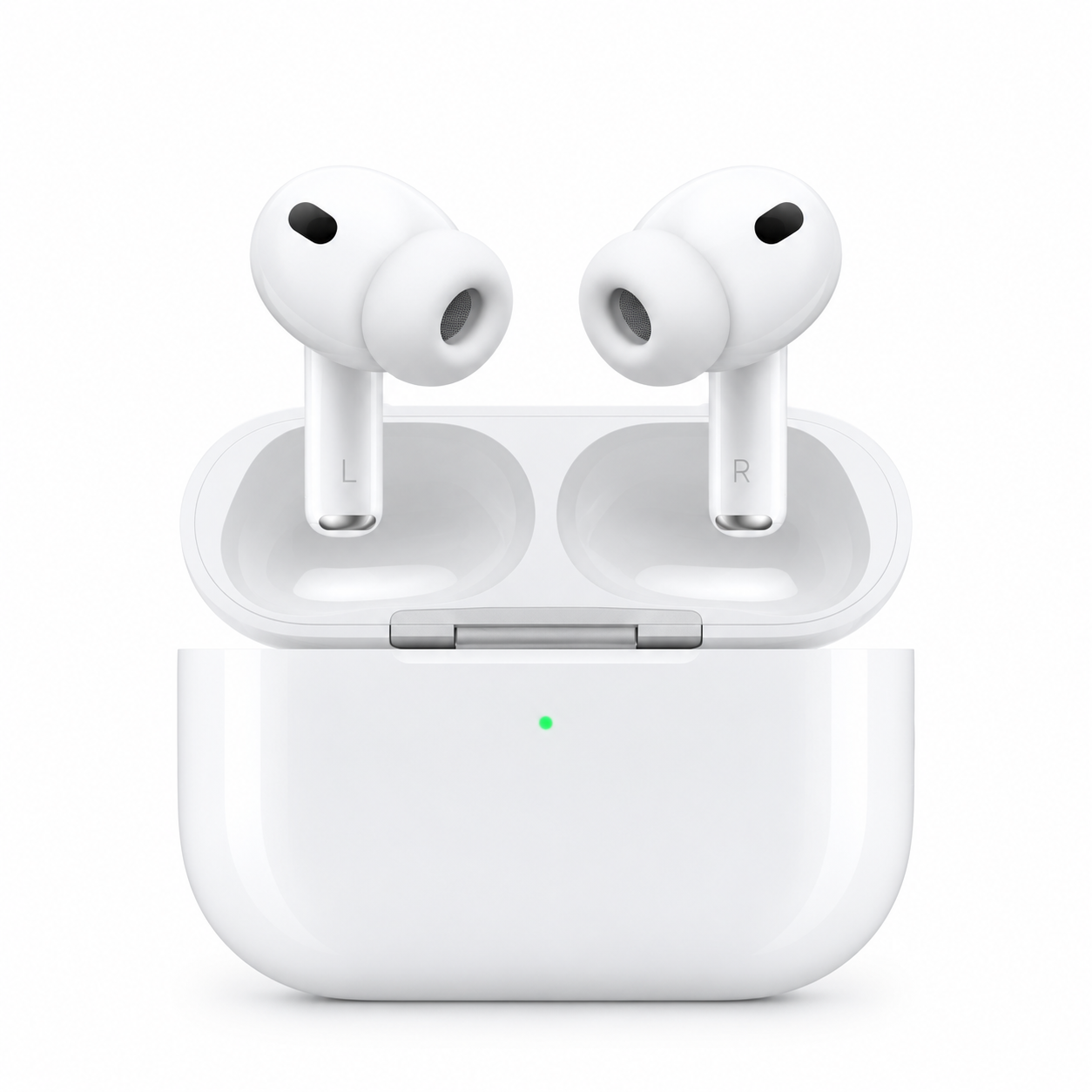 White wireless earbuds in an open charging case