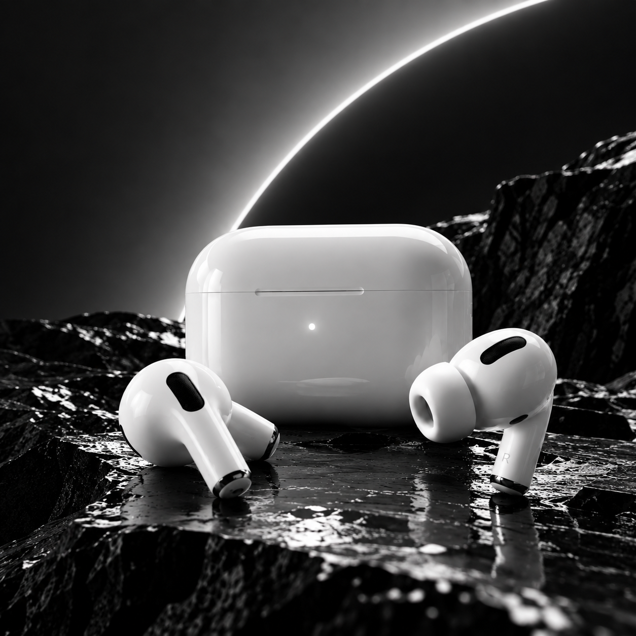 White wireless earbuds and charging case on black stone