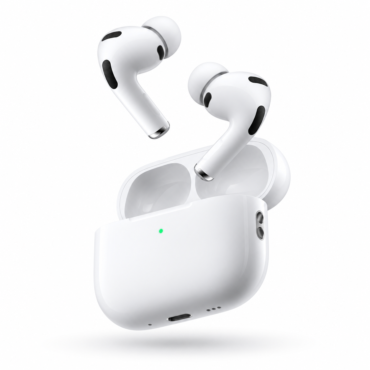 White wireless earbuds floating above an open case